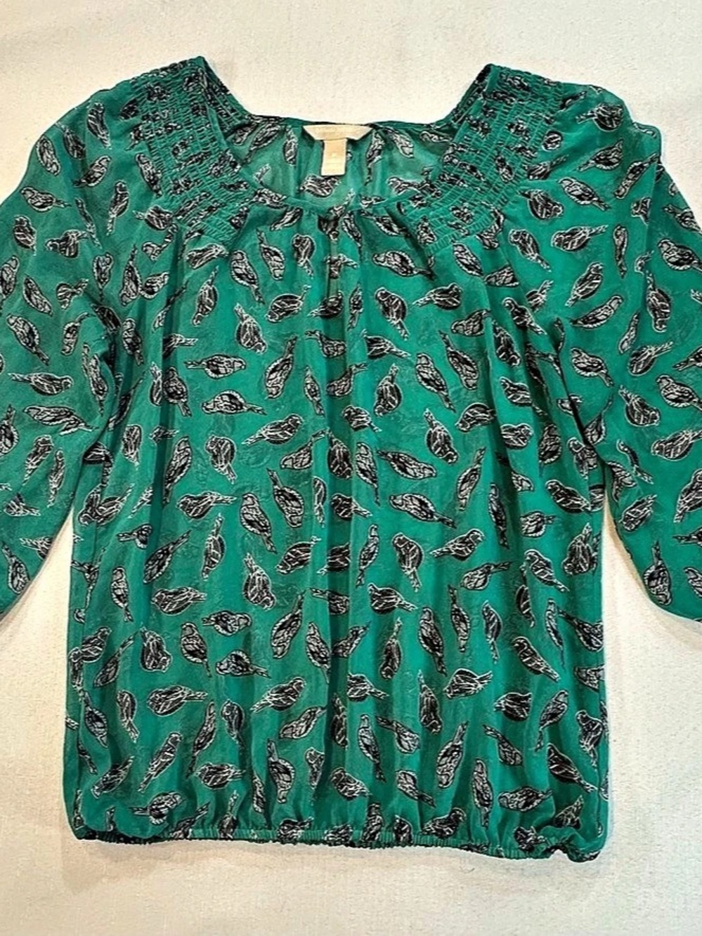 Banana Republic Teal Bird Print Smocked Blouse M